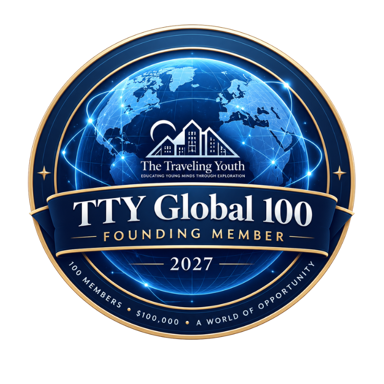 TTY Global 100 founding member badge: 100 members, $100,000, a world of opportunity, 2027